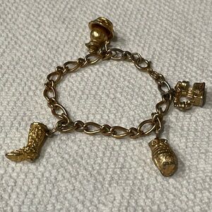 Avon Gold Tone Charm Bracelet Boot, Owl, Pitcher & Phone Signed
